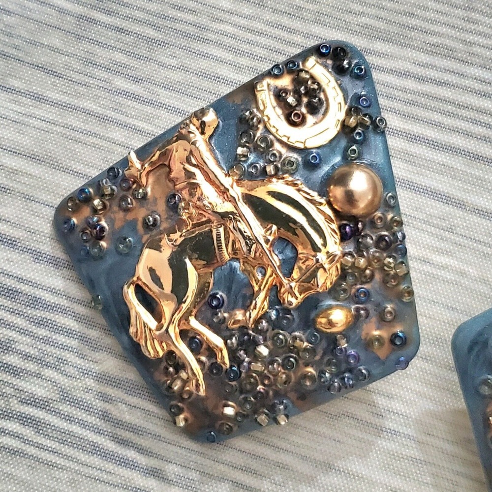 Rodeo Horse Cowboy Earrings OOAK One-of-a-Kind Vintage Enamel Art Earrings - Picture 7 of 7